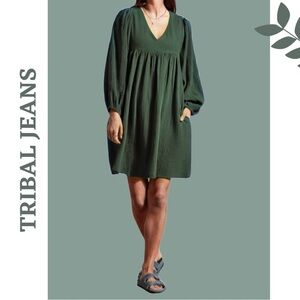 Tribal Jeans 53440-4555 - COTTON GAUZE PUFF SLEEVE DRESS Cactus Green Size Small